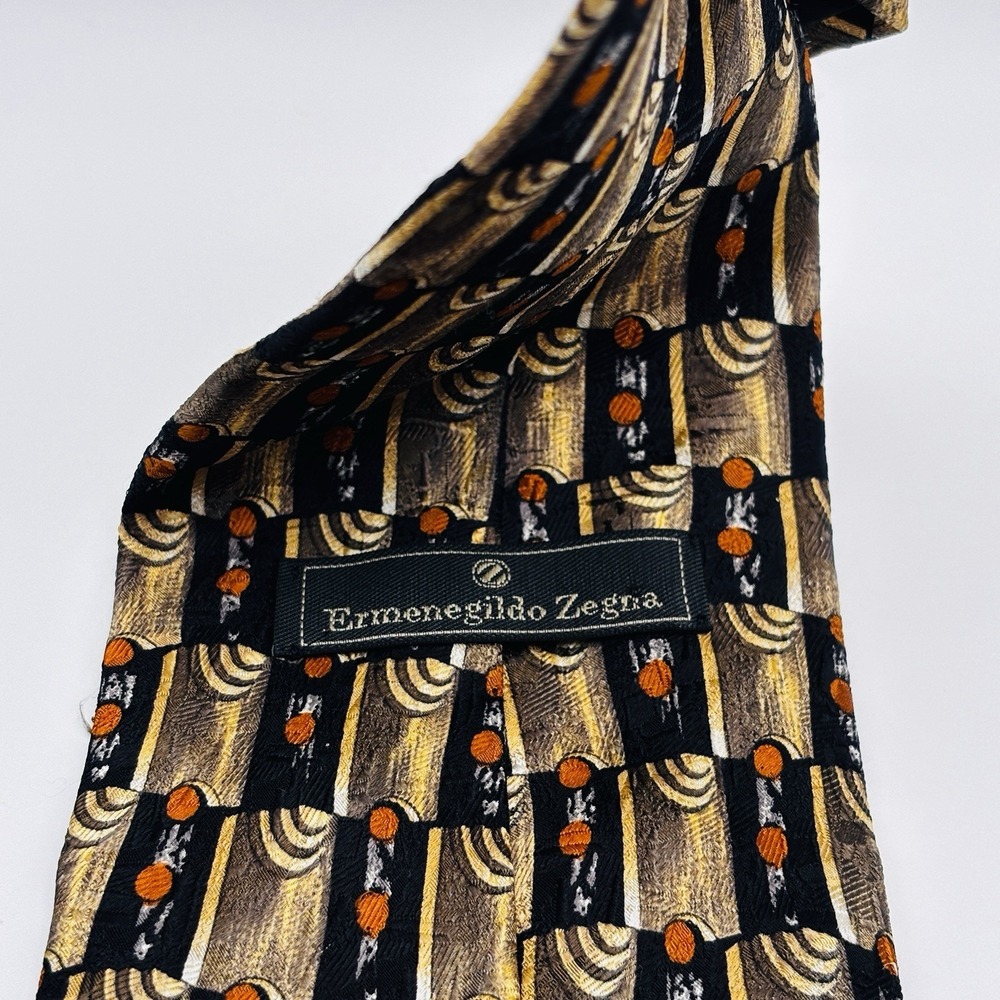 Ermenegildo Zegna Tie Mens OS Gold Black Orange Geometric Silk Italy Luxury